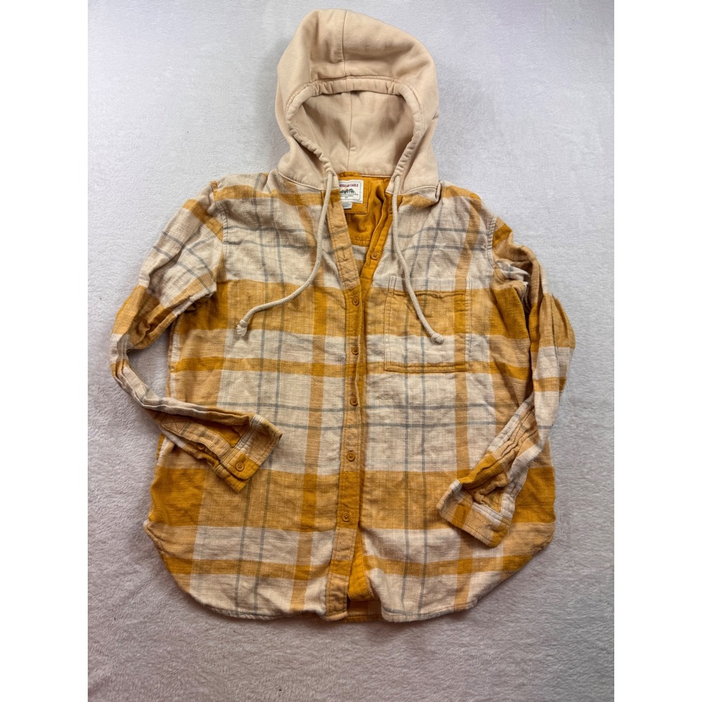 American Eagle Yellow Plaid Hooded Flannel Shirt Womens Small Button Down Top